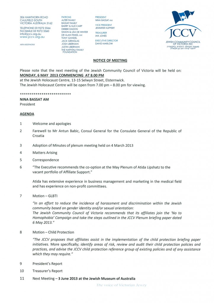 JCCV Plenum Agenda - May 6 2013
